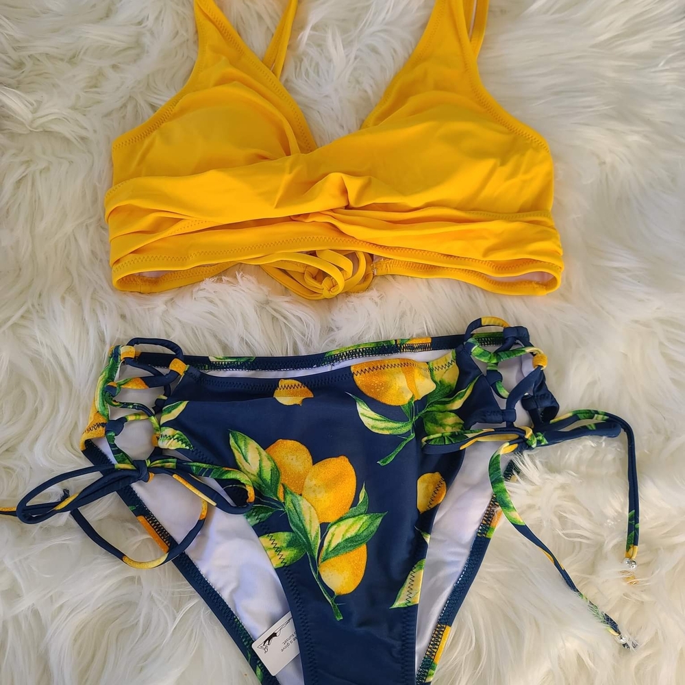 Yellow Cross-Front Bikini Top and Floral Bottoms - Picture 4 of 9